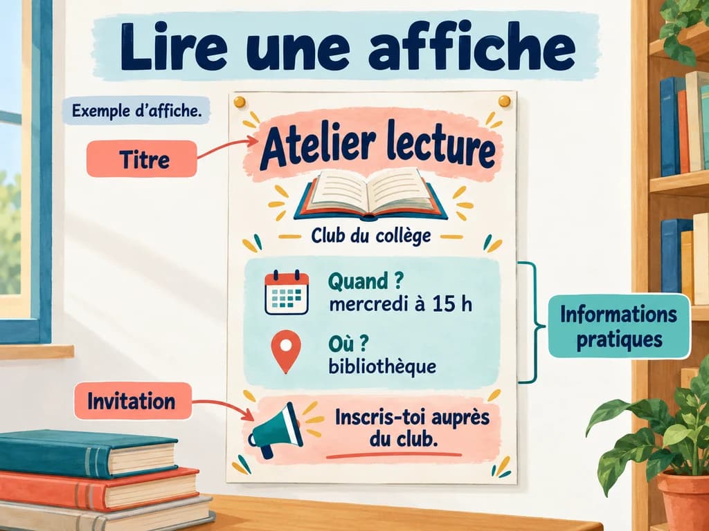 Une affiche d’atelier lecture distingue le titre, le rendez-vous à la bibliothèque et l’invitation à s’inscrire au club.