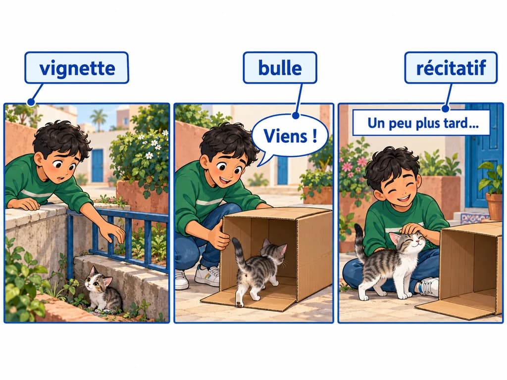 Trois vignettes racontent comment un garçon aide un chaton ; une bulle et un récitatif complètent les dessins.