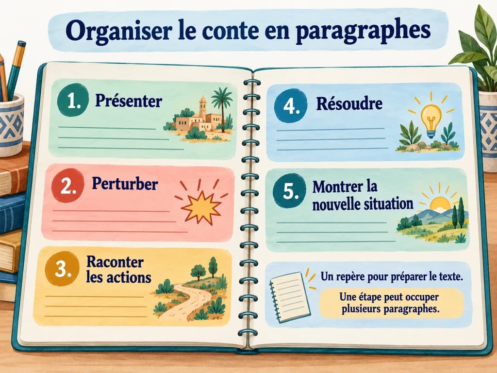 Un cahier répartit le plan en présenter, perturber, raconter les actions, résoudre et montrer la nouvelle situation.