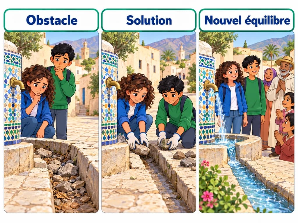 Une fontaine ne coule plus ; deux amis dégagent son canal et l’eau revient au village.