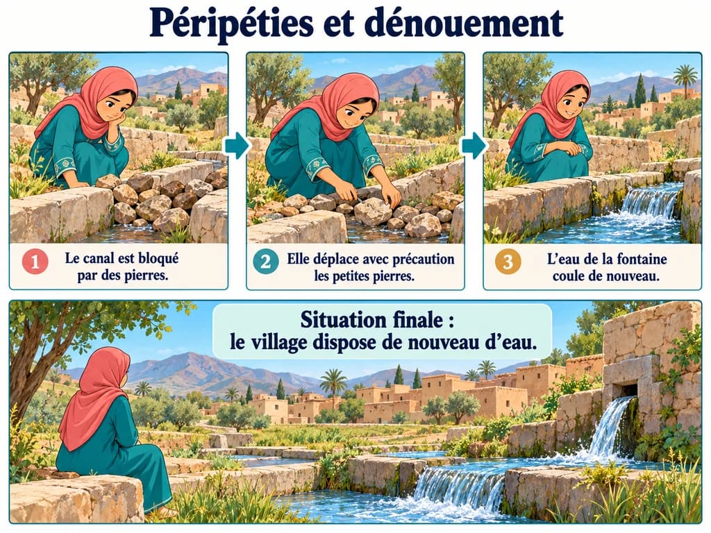 La même jeune fille repère des pierres, les déplace avec précaution puis constate le retour de l’eau ; une dernière vue montre la situation finale.