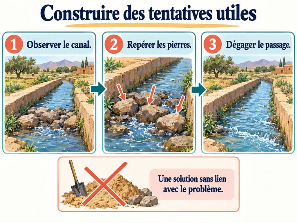 Trois vues montrent comment observer le canal, repérer les pierres puis dégager le passage ; une solution sans lien est barrée.