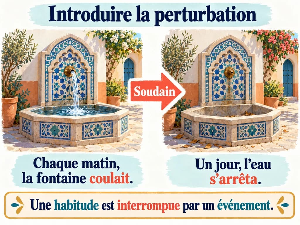 Une fontaine qui coulait s’arrête soudain ; les phrases opposent une habitude et l’événement qui la rompt.