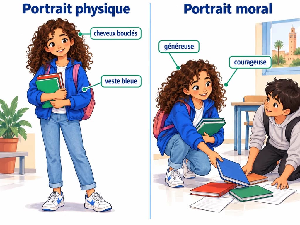 Une jeune fille aux cheveux bouclés porte une veste bleue et aide un camarade ; l’image distingue apparence et caractère.
