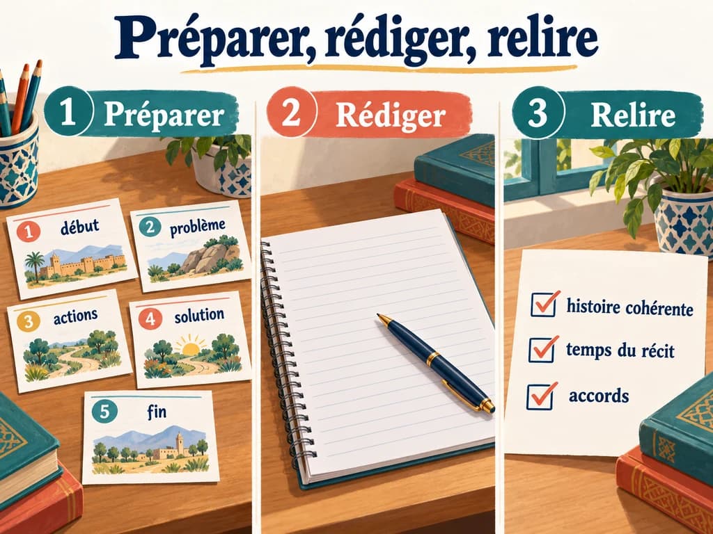 Cinq cartes de plan, un cahier et une grille de relecture présentent préparer, rédiger et relire un conte, sans personnages.