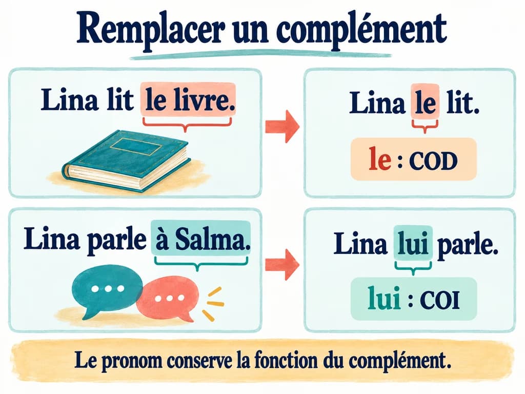 Lina lit le livre devient Lina le lit ; Lina parle à Salma devient Lina lui parle.