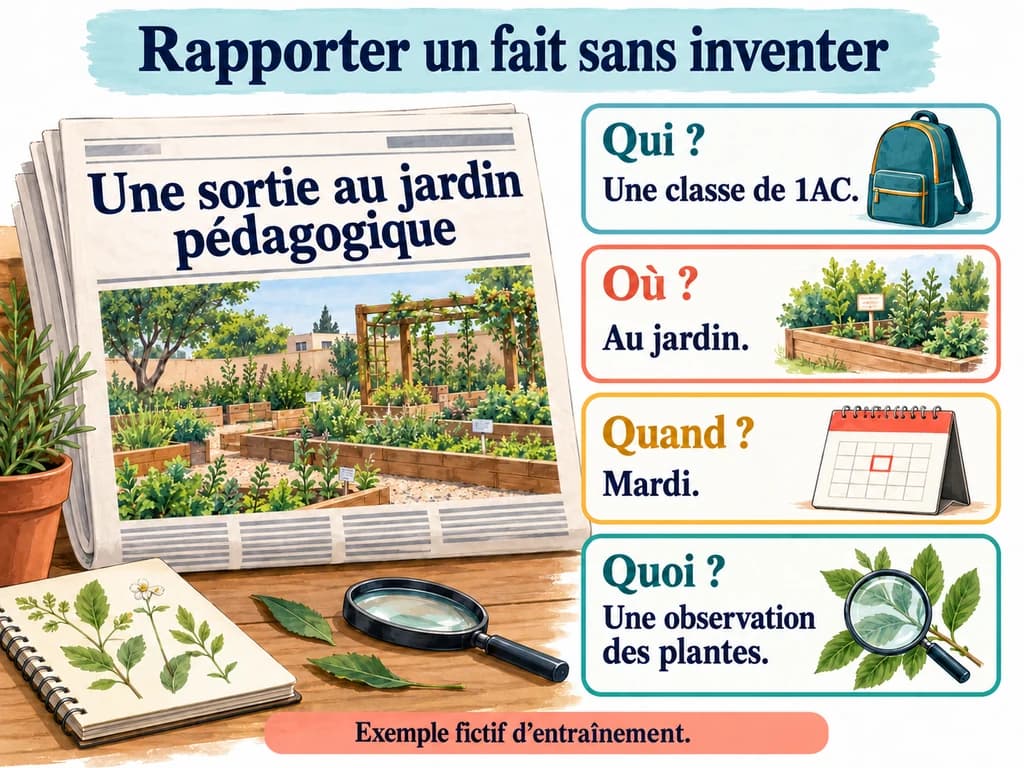 Un exemple fictif de sortie au jardin répond à qui, où, quand et quoi, sans ajouter de faits inventés au compte rendu.