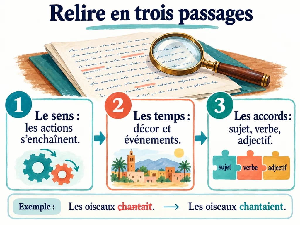 Trois cartes proposent de relire le sens, les temps et les accords ; Les oiseaux chantait est corrigé en Les oiseaux chantaient.