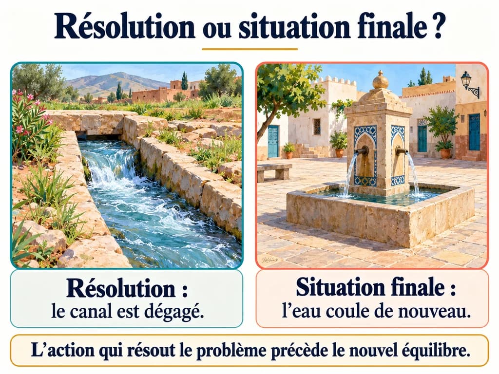Un canal dégagé illustre la résolution ; une fontaine qui coule de nouveau illustre la situation finale.