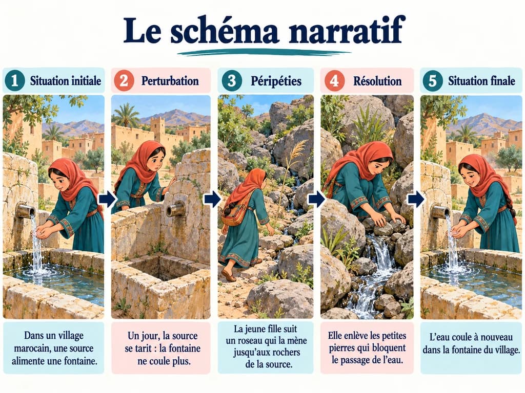 Cinq scènes montrent la même jeune fille à la fontaine, face à l’arrêt de l’eau, suivant le roseau, dégageant le canal puis retrouvant l’eau.