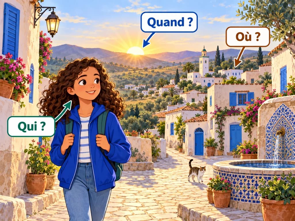 Une jeune fille dans un village à l’aube est accompagnée des questions quand, où et qui.