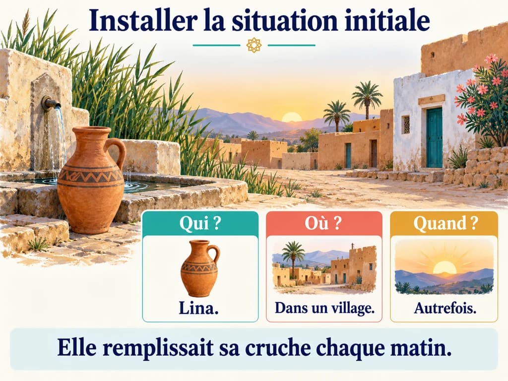 Une fontaine et une cruche accompagnent les repères Qui : Lina, Où : dans un village, Quand : autrefois.