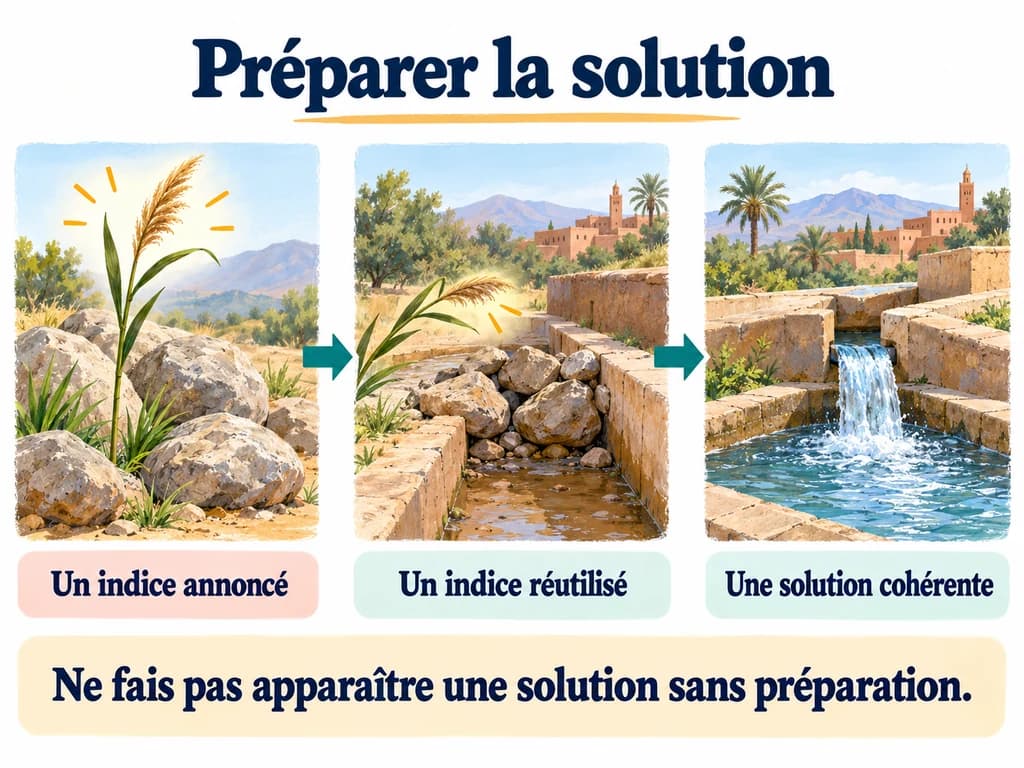 Un roseau annoncé au début guide vers les pierres du canal, puis l’eau retrouve son passage.