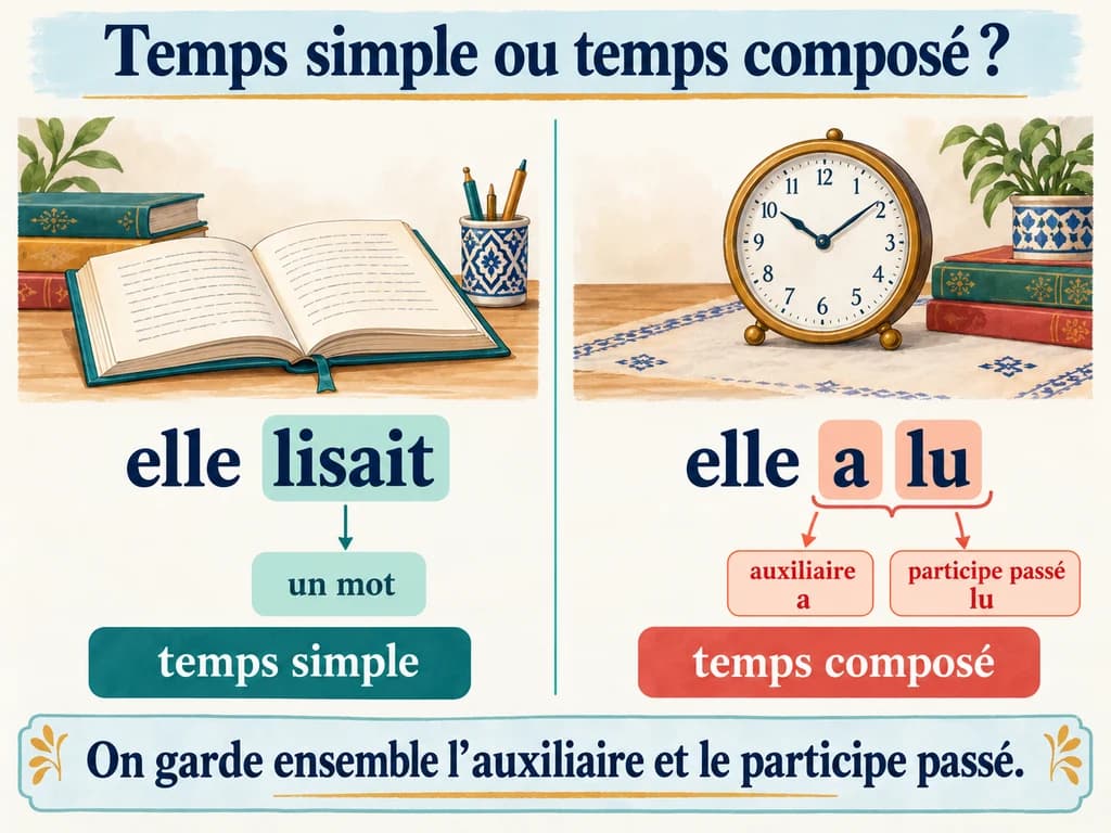 Elle lisait contient un verbe en un mot ; elle a lu associe l’auxiliaire a et le participe passé lu.