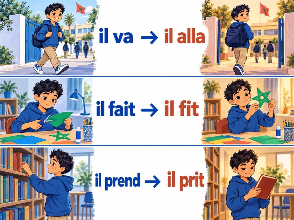Trois scènes associent aller, faire et prendre à leurs formes il alla, il fit et il prit.