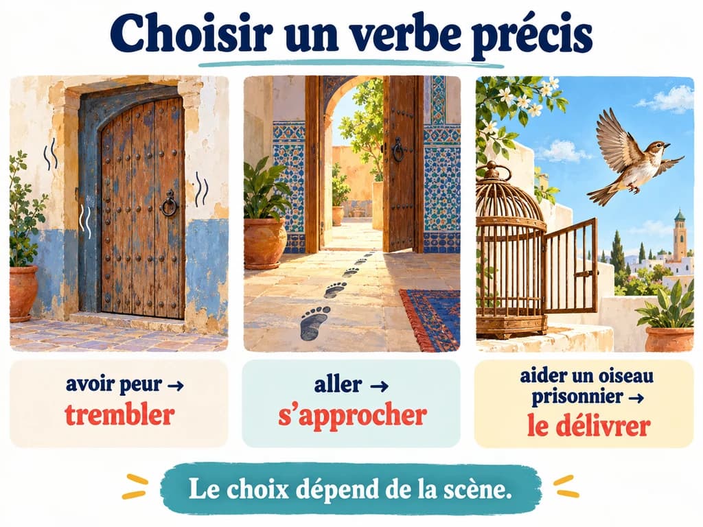 Une porte, des pas et un oiseau libéré illustrent trembler, s’approcher et délivrer.
