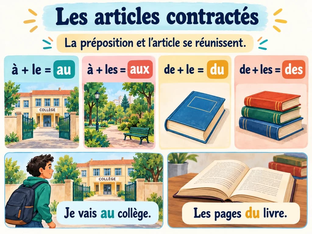 Quatre cartes associent à et de aux articles le et les pour former au, aux, du et des, avec un collège et des livres.