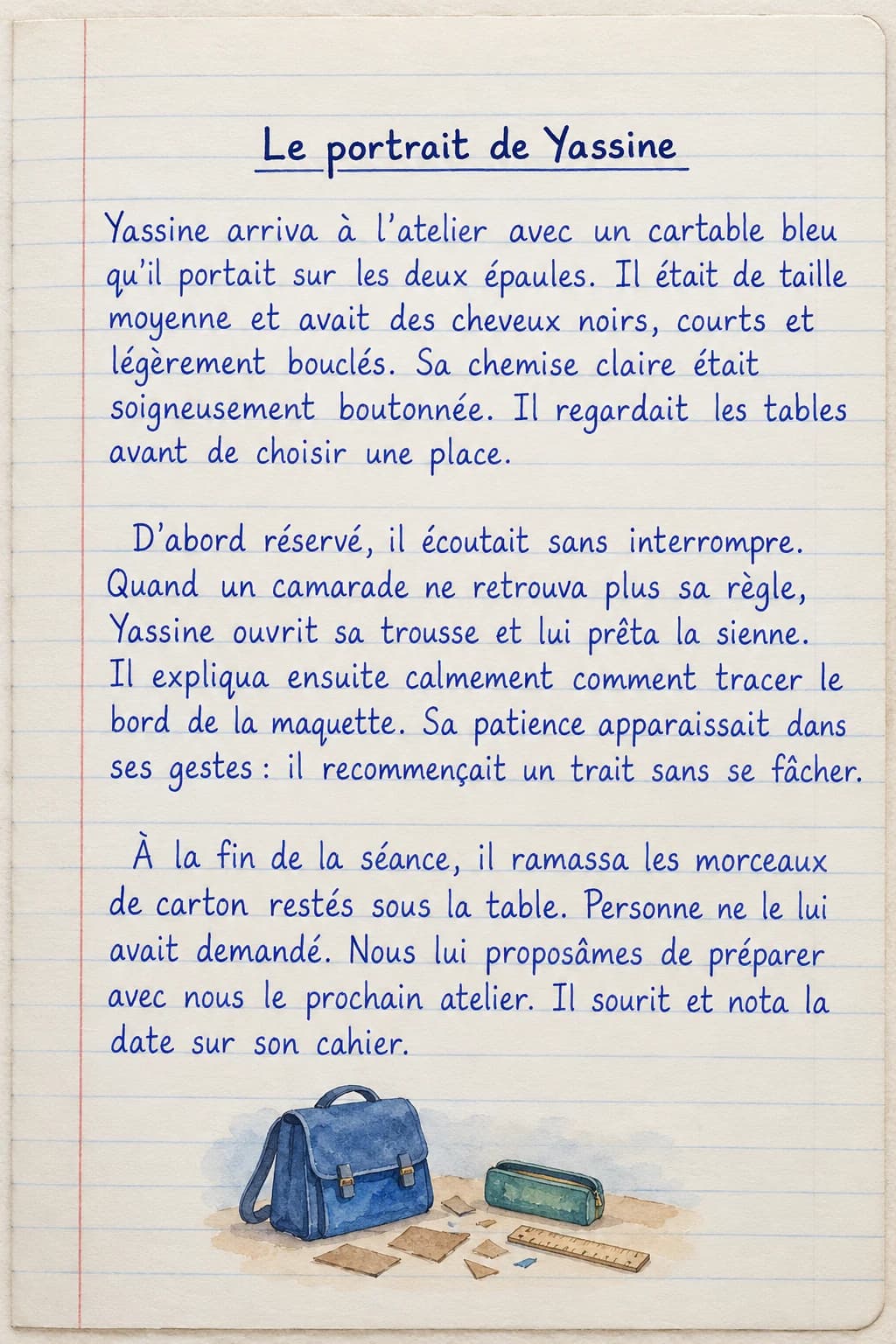 Le modèle rédigé associe l’apparence à des gestes révélateurs du caractère.