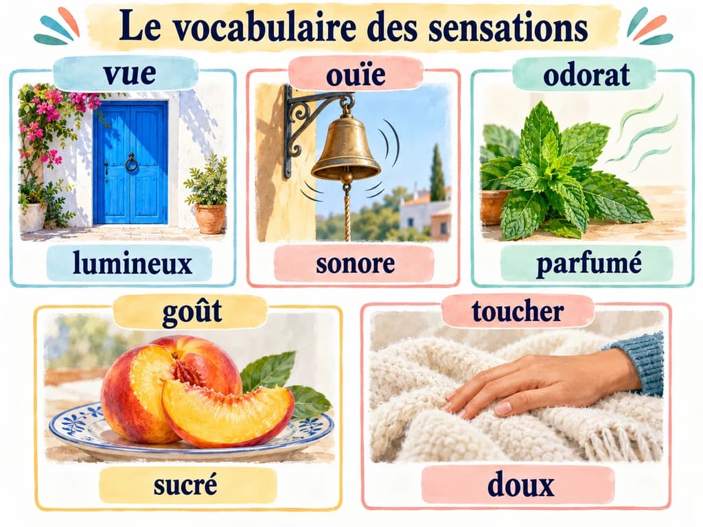 Une porte lumineuse, une cloche, de la menthe, un fruit et un tissu doux associent des adjectifs aux cinq sens.
