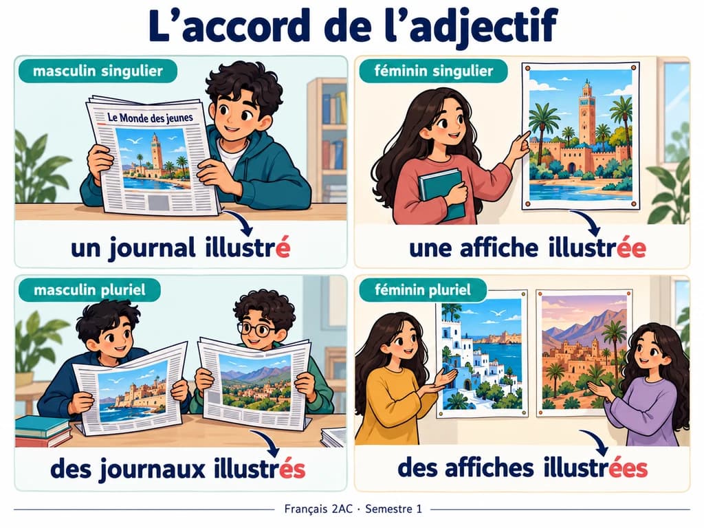 Quatre fiches montrent un journal illustré, une affiche illustrée, des journaux illustrés et des affiches illustrées.