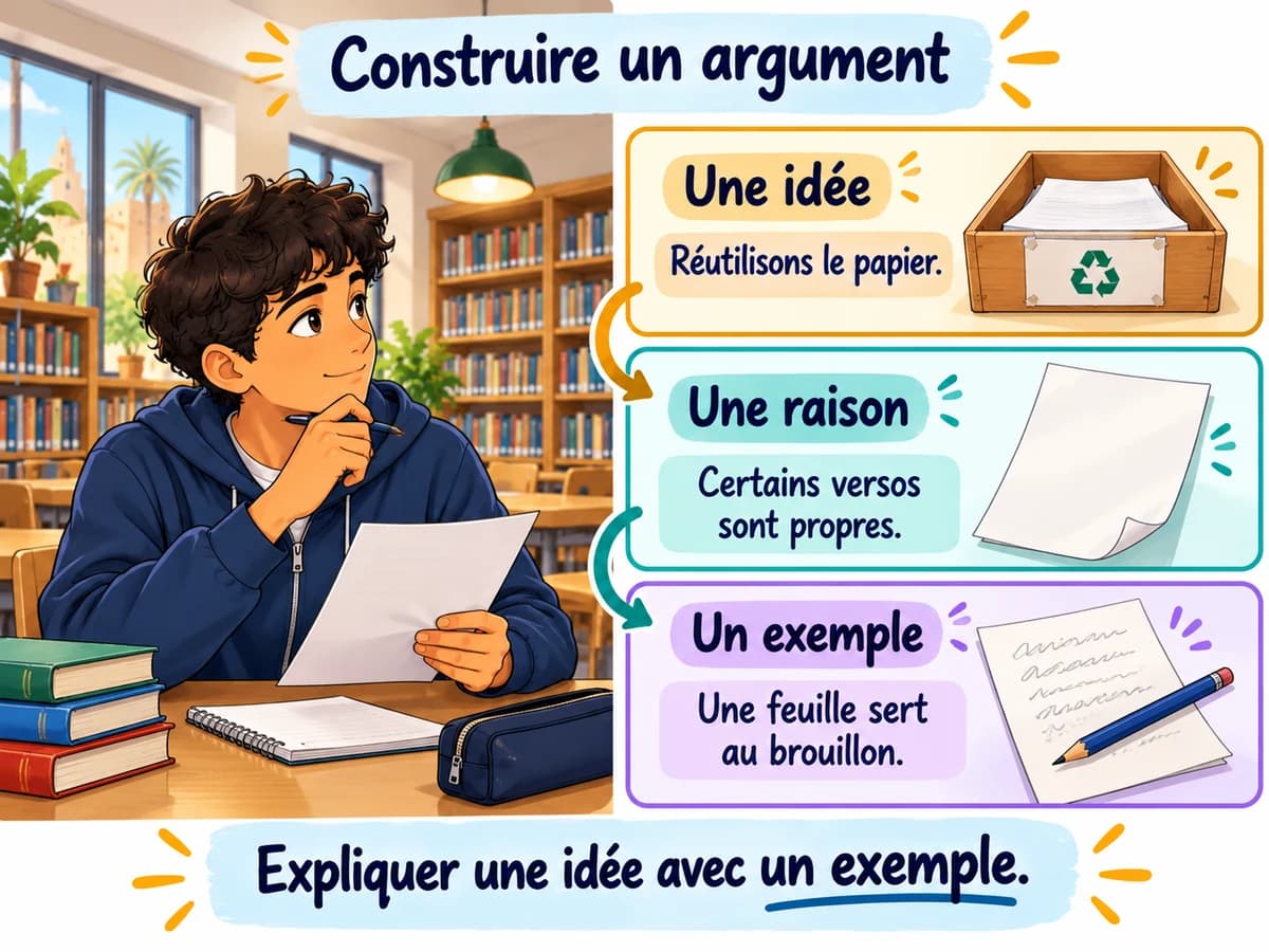 Un élève étudie trois encadrés illustrés par des objets : une idée, une raison et un exemple de réutilisation du papier.