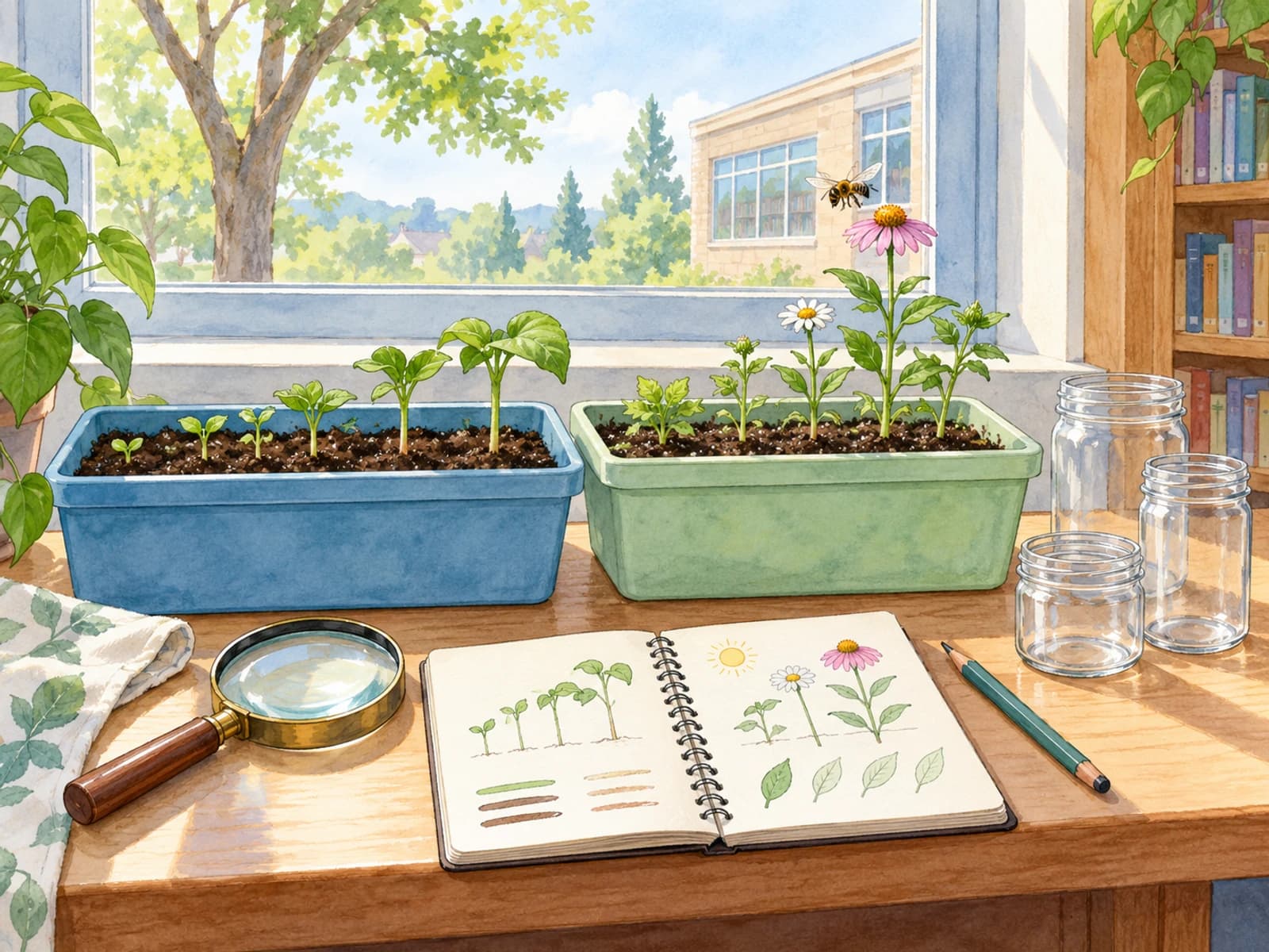 Deux jardinières plantées sont observées avec un carnet et une loupe ; des récipients propres encore vides attendent à côté.