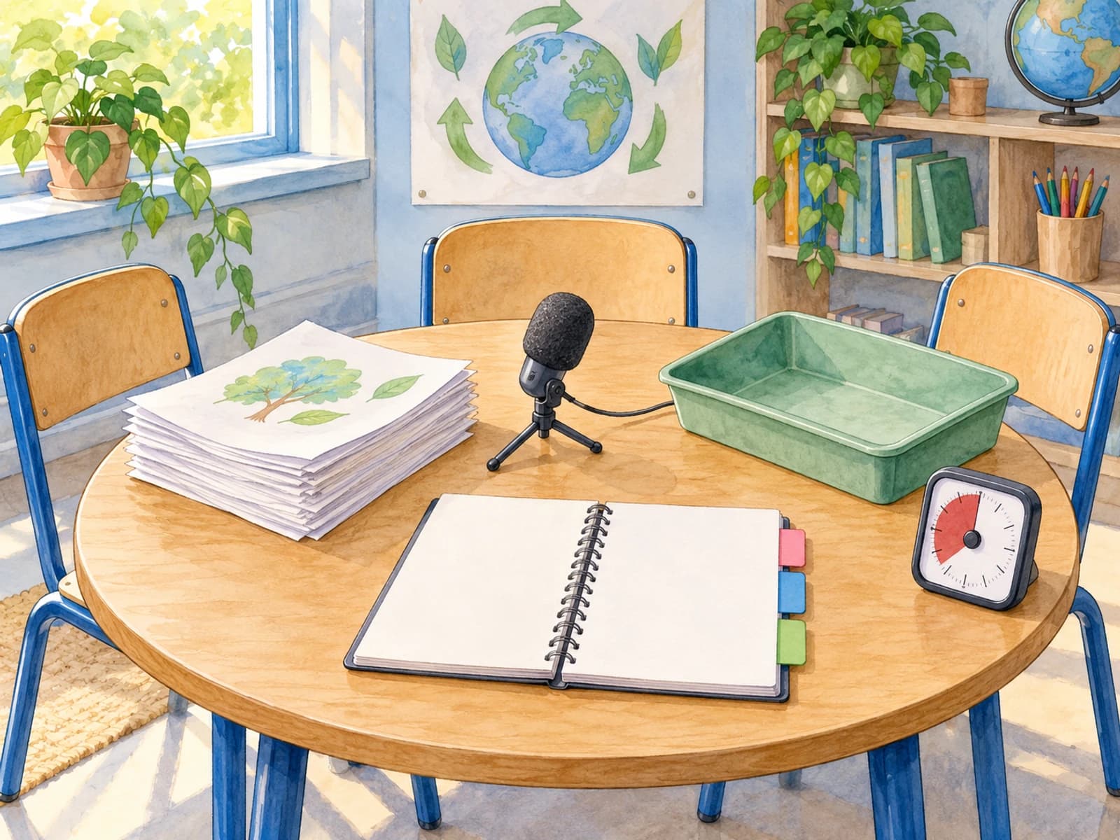 Une table de discussion comporte un minuteur, un microphone, des feuilles utilisables au verso, un bac vide et un carnet à onglets.