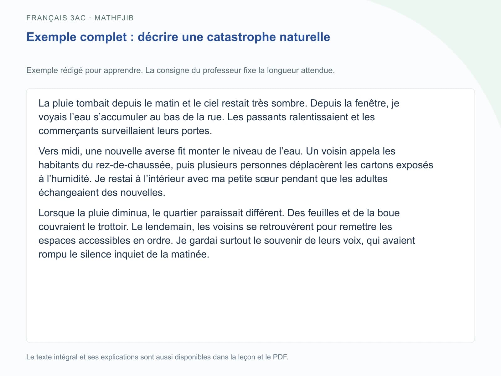 Exemple de décrire une catastrophe naturelle, présenté avec ses paragraphes complets et repris dans le texte du cours.