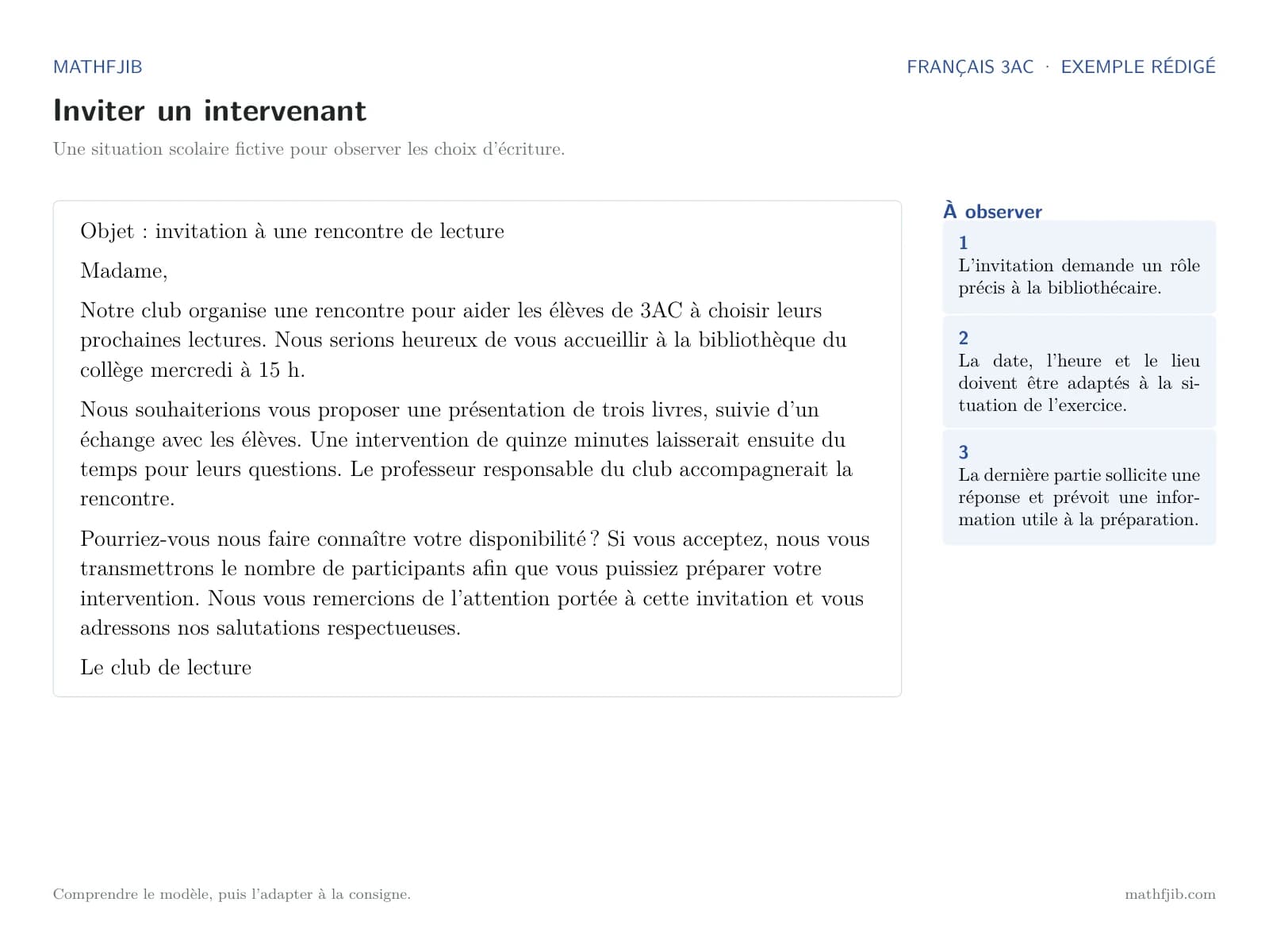 Exemple rédigé et lisible pour inviter un intervenant, avec le texte, les formules et la signature.