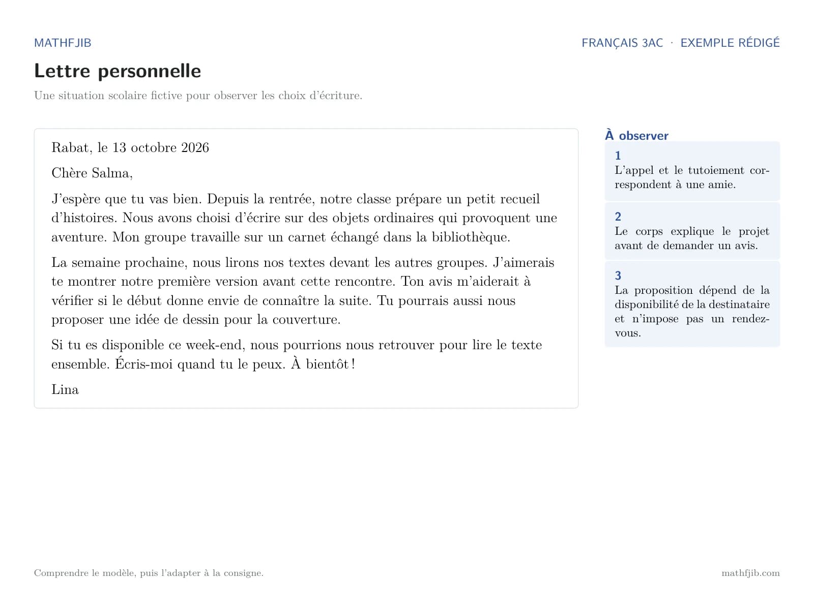Exemple rédigé et lisible pour rédiger une lettre personnelle, avec le texte, les formules et la signature.