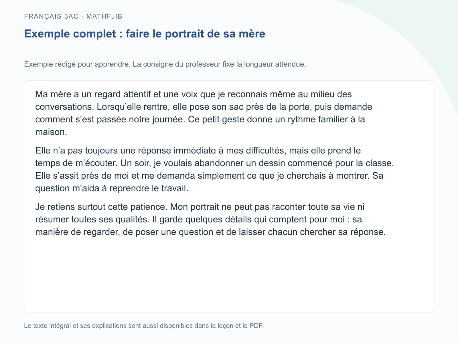 Exemple de faire le portrait de sa mère, présenté avec ses paragraphes complets et repris dans le texte du cours.