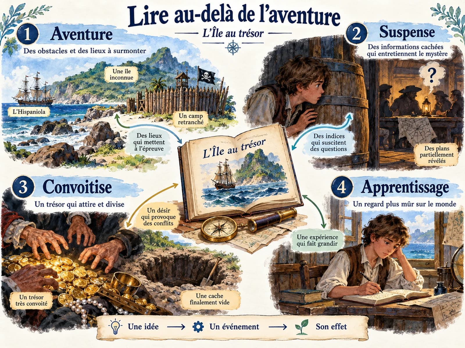 Quatre ensembles relient l’aventure, le suspense, la convoitise et l’apprentissage à des événements précis du roman.
