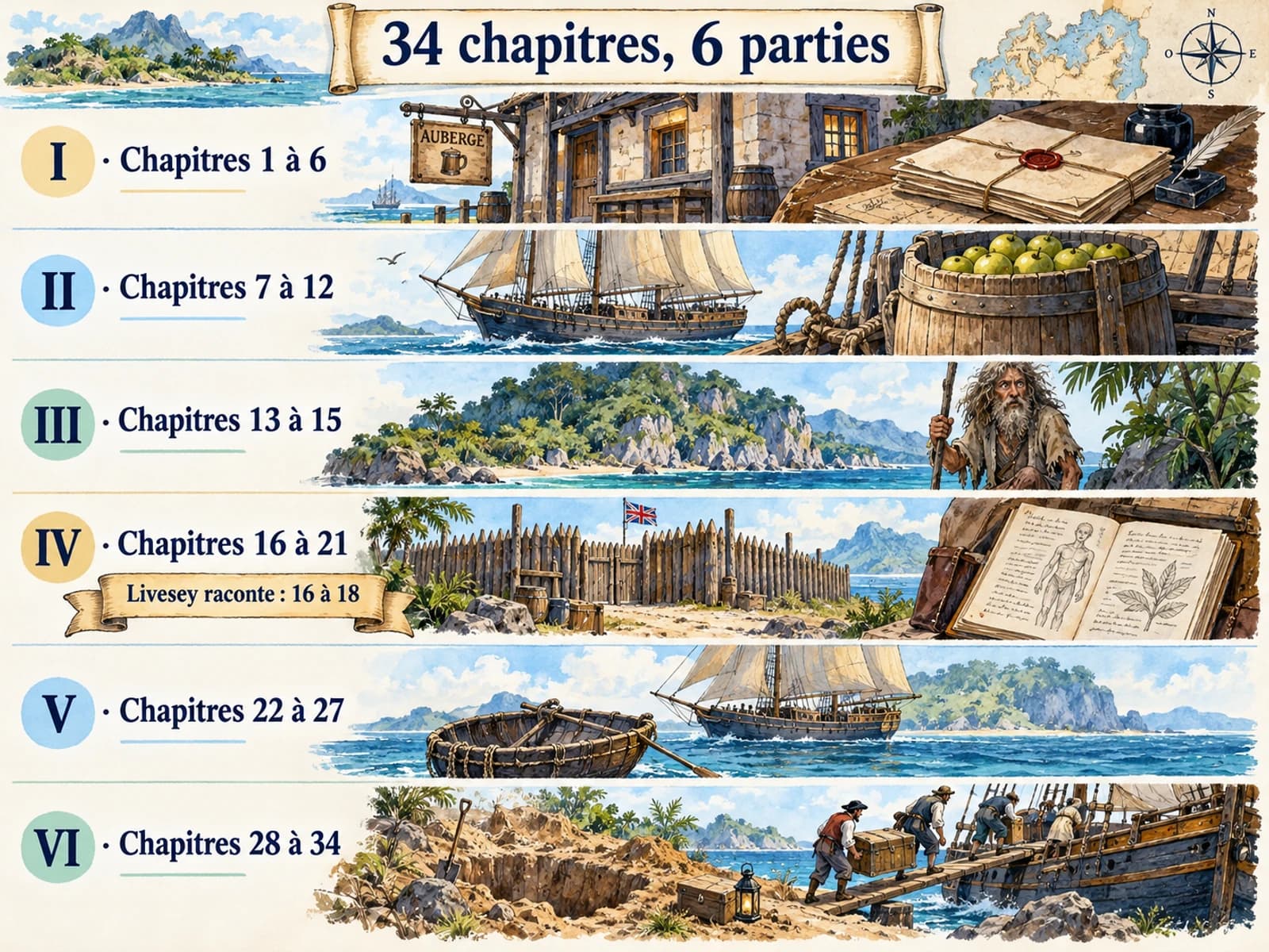 Six bandes illustrées répartissent les 34 chapitres et signalent que Livesey raconte les chapitres 16 à 18.