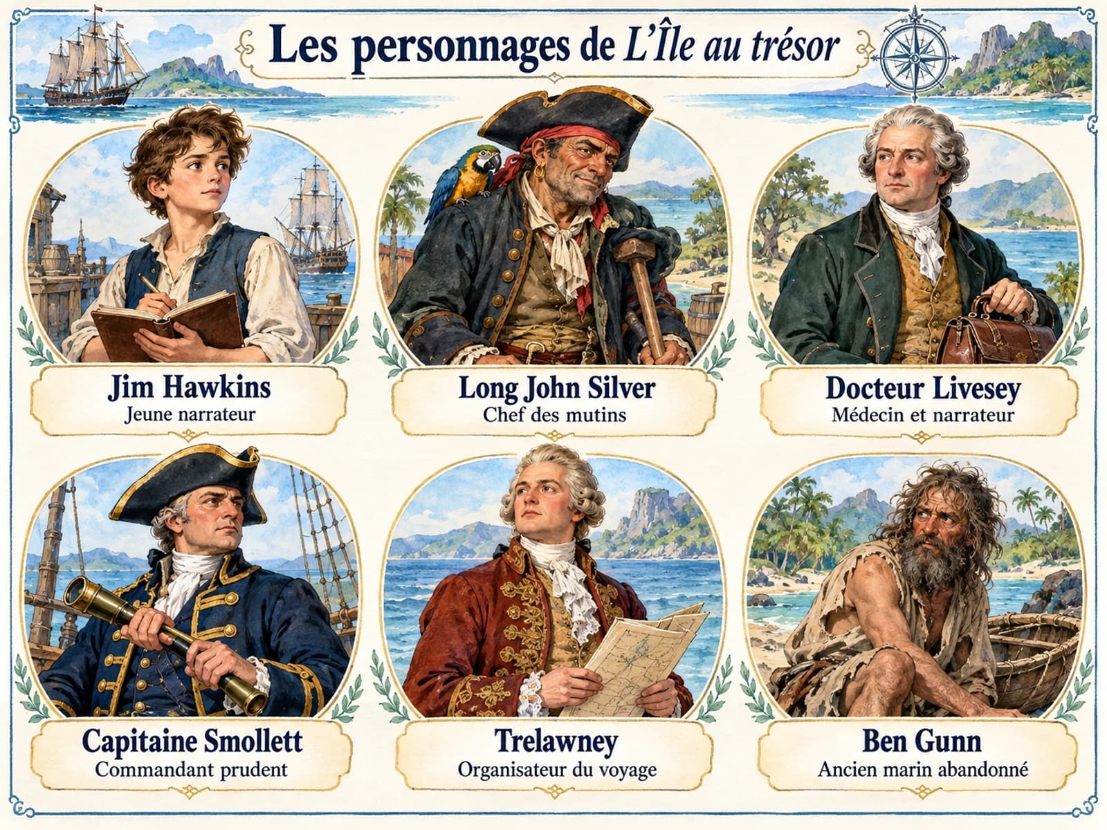 Six portraits identifient Jim Hawkins, Silver, Livesey, Smollett, Trelawney et Ben Gunn avec leur rôle dans le récit.