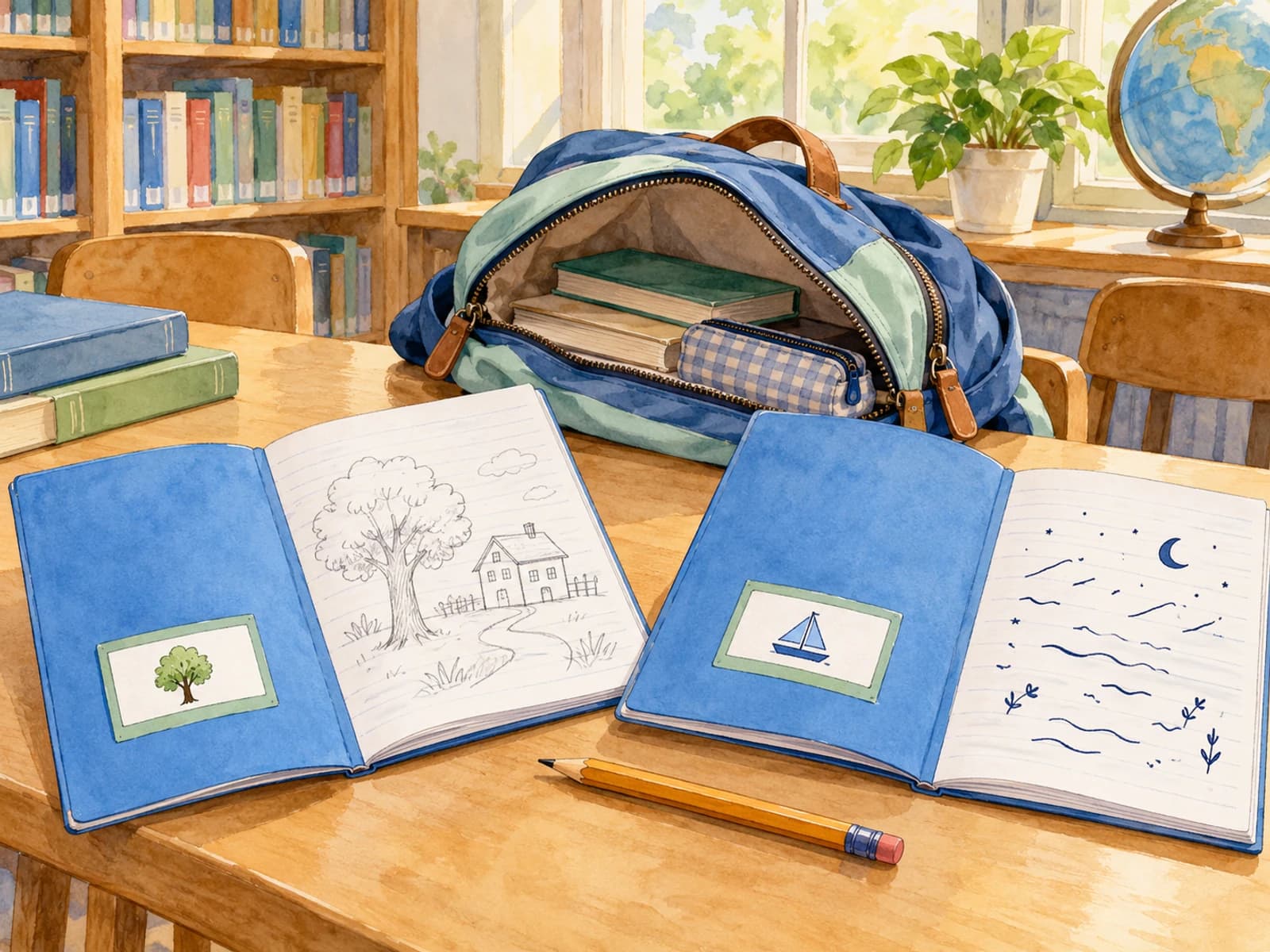 Deux carnets bleus, l’un avec des dessins et l’autre avec des lignes manuscrites, sont posés près d’un sac dans une bibliothèque.