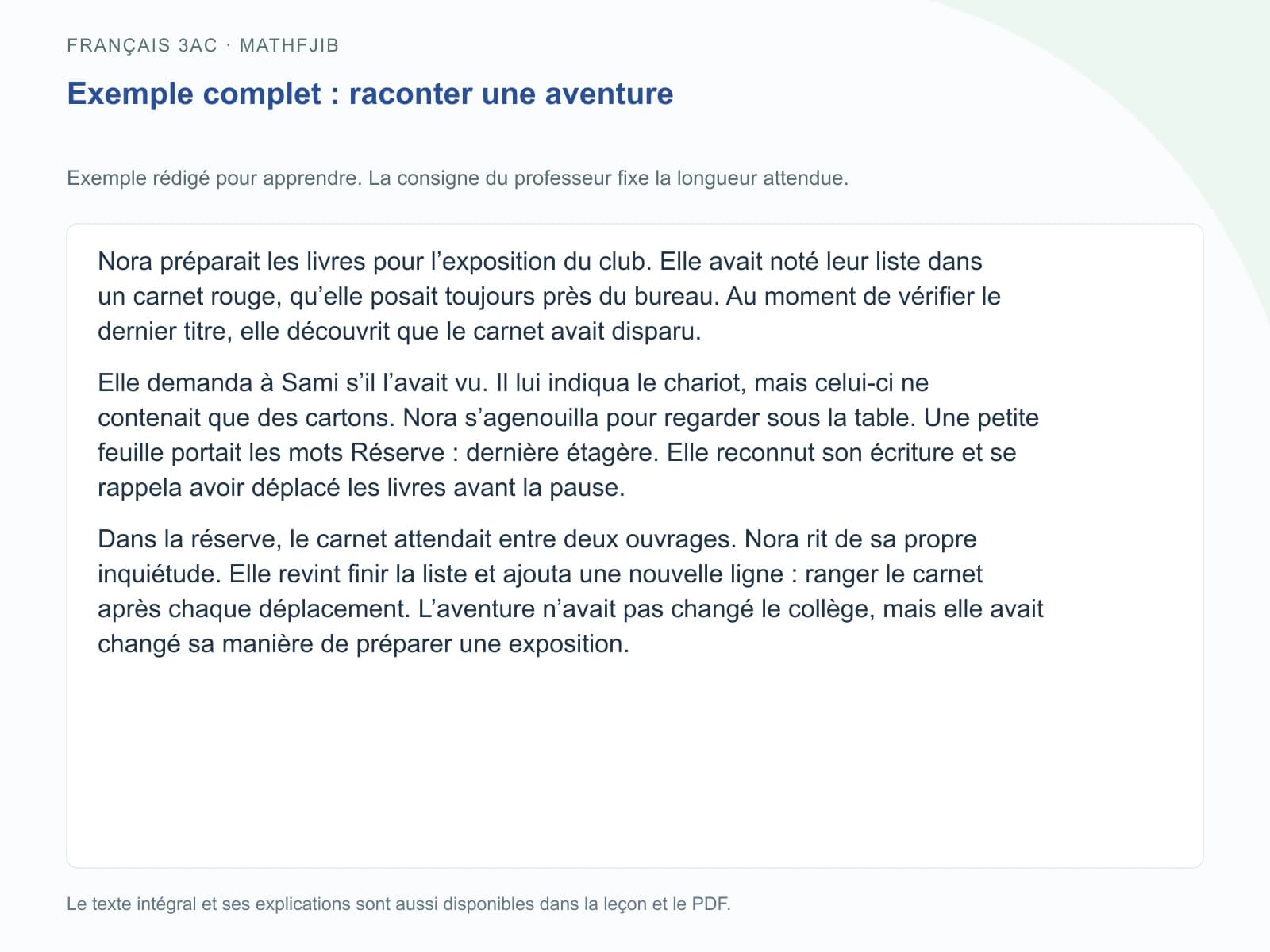 Exemple de raconter une aventure, présenté avec ses paragraphes complets et repris dans le texte du cours.