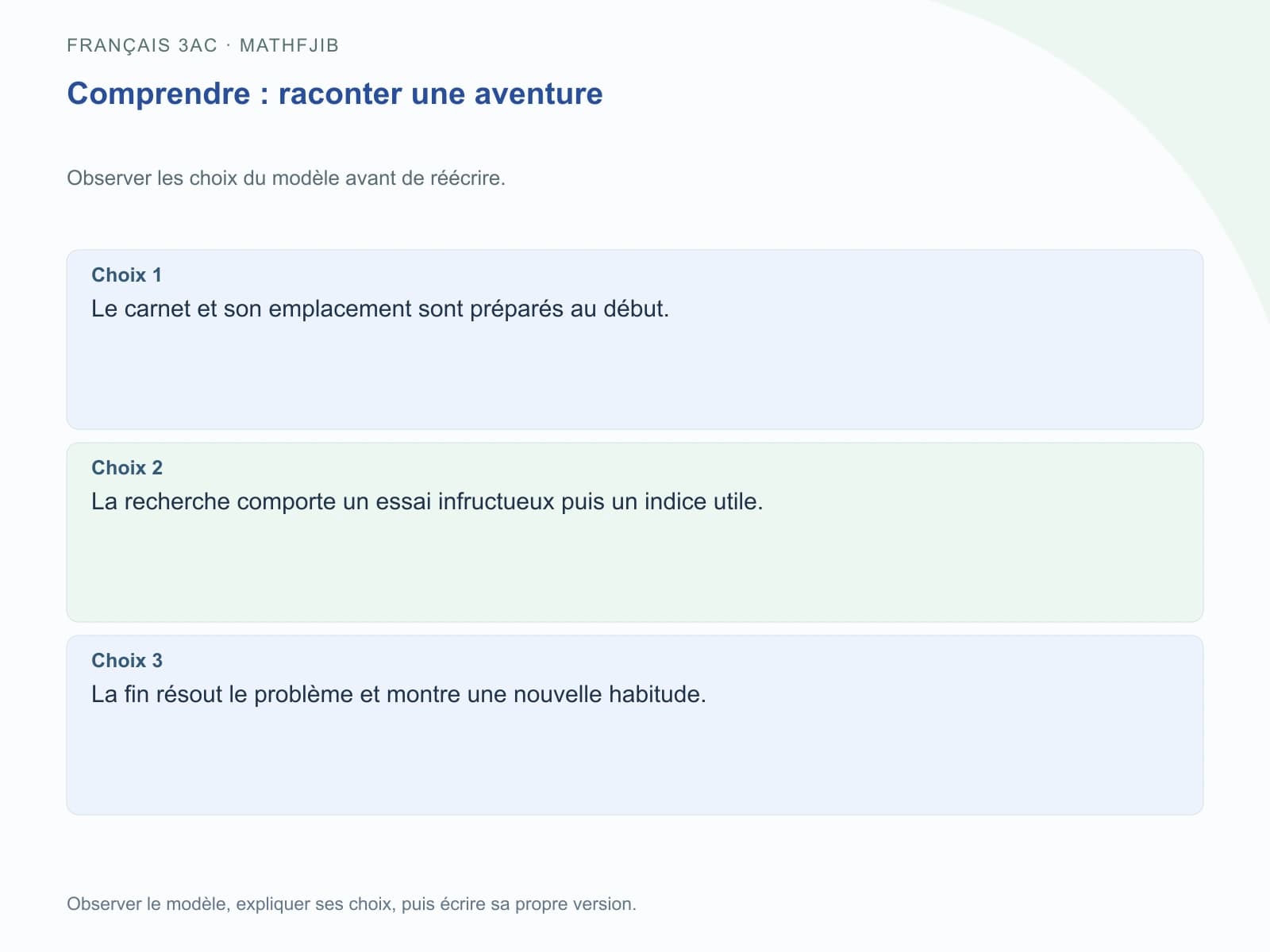 Choix 1 : Le carnet et son emplacement sont préparés au début.. Choix 2 : La recherche comporte un essai infructueux puis un indice utile.. Choix 3 : La fin résout le problème et montre une nouvelle habitude.