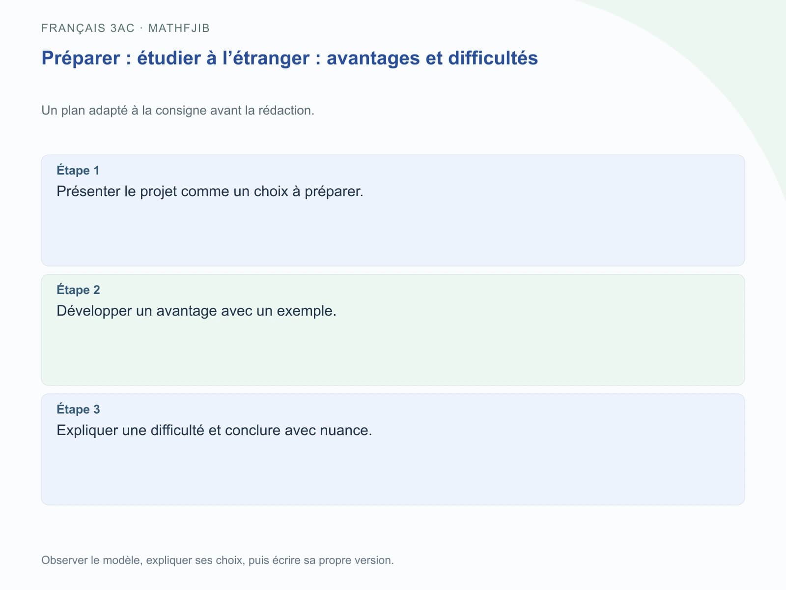 Étape 1 : Présenter le projet comme un choix à préparer.. Étape 2 : Développer un avantage avec un exemple.. Étape 3 : Expliquer une difficulté et conclure avec nuance.