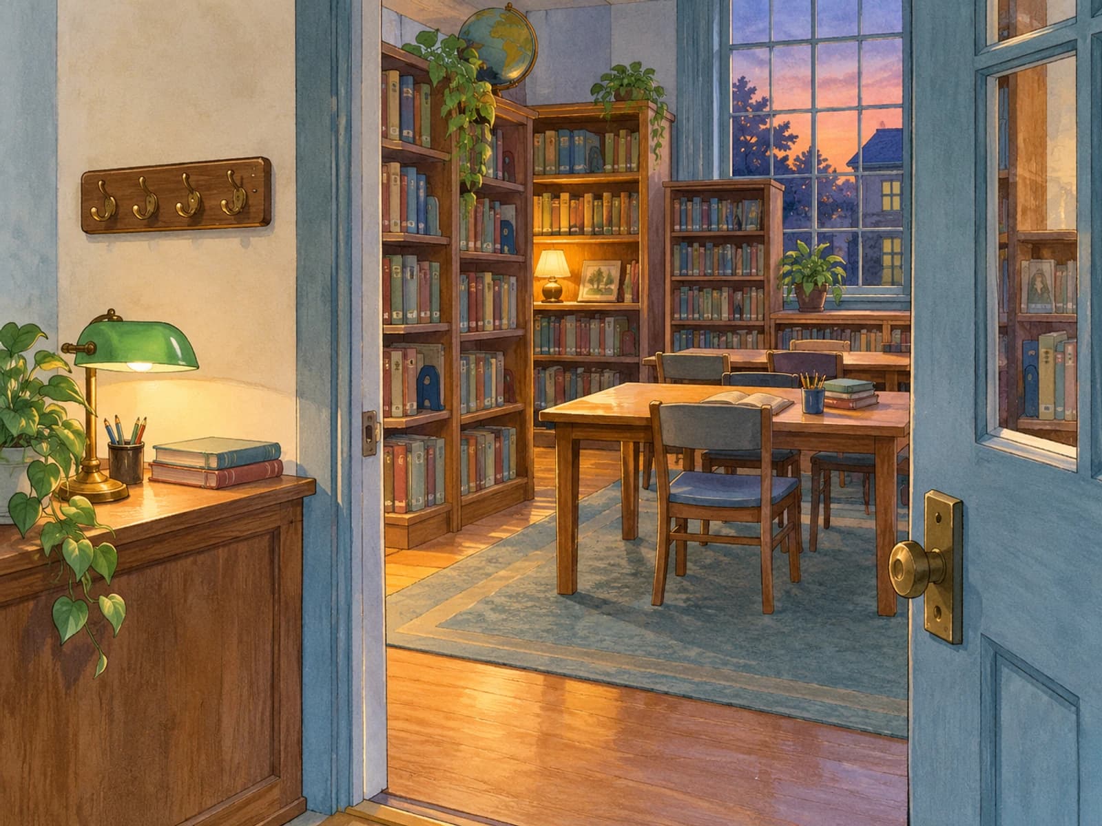 Une bibliothèque silencieuse à la tombée du jour présente une lampe allumée derrière les rayons et un crochet sans clé près du bureau.