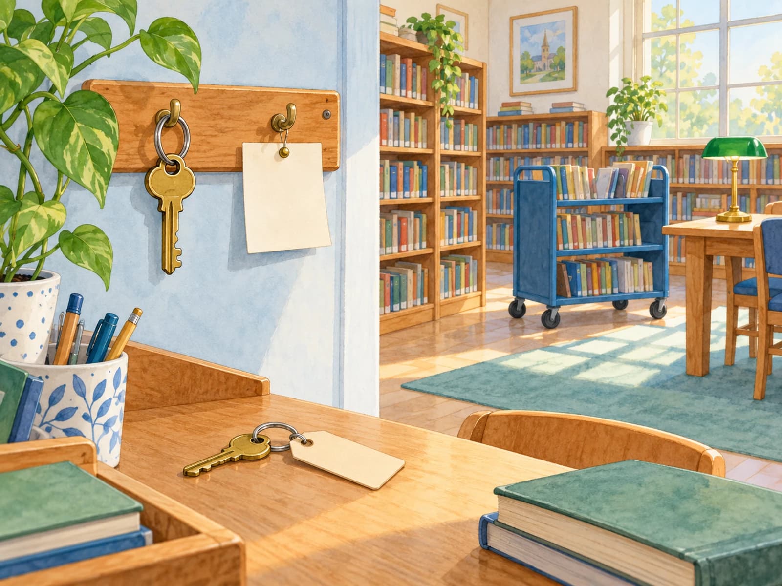 Une clé est remise à son crochet près d’une note ; une seconde clé et son étiquette reposent sur un bureau de bibliothèque rangé.