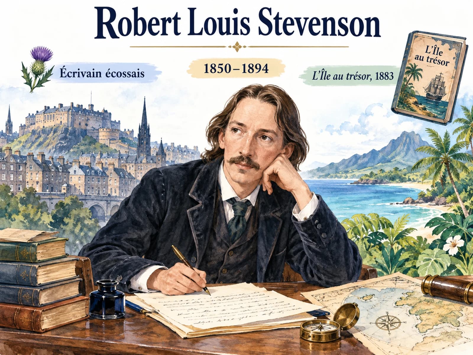 Portrait illustré de Robert Louis Stevenson à son bureau, avec Édimbourg, Samoa et les repères 1850, 1883 et 1894.