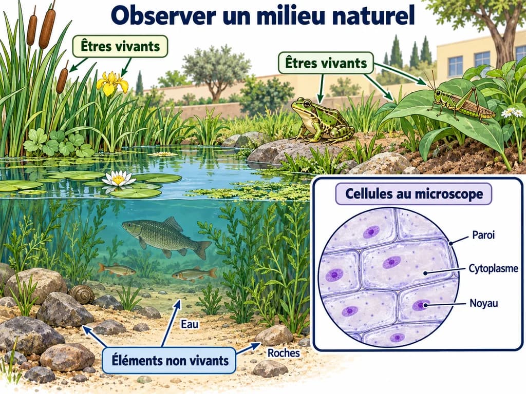 Une mare avec eau, roches, plantes et animaux, accompagnée d’un agrandissement de cellules végétales observées au microscope.