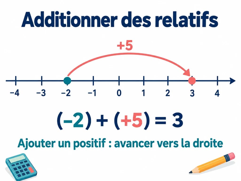 Une flèche avance de cinq unités depuis −2 et arrive à 3 sur une droite graduée.