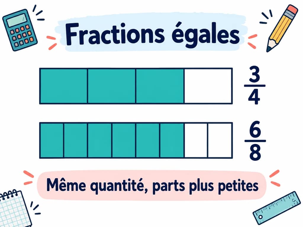Deux bandes de même longueur montrent trois quarts et six huitièmes colorés.