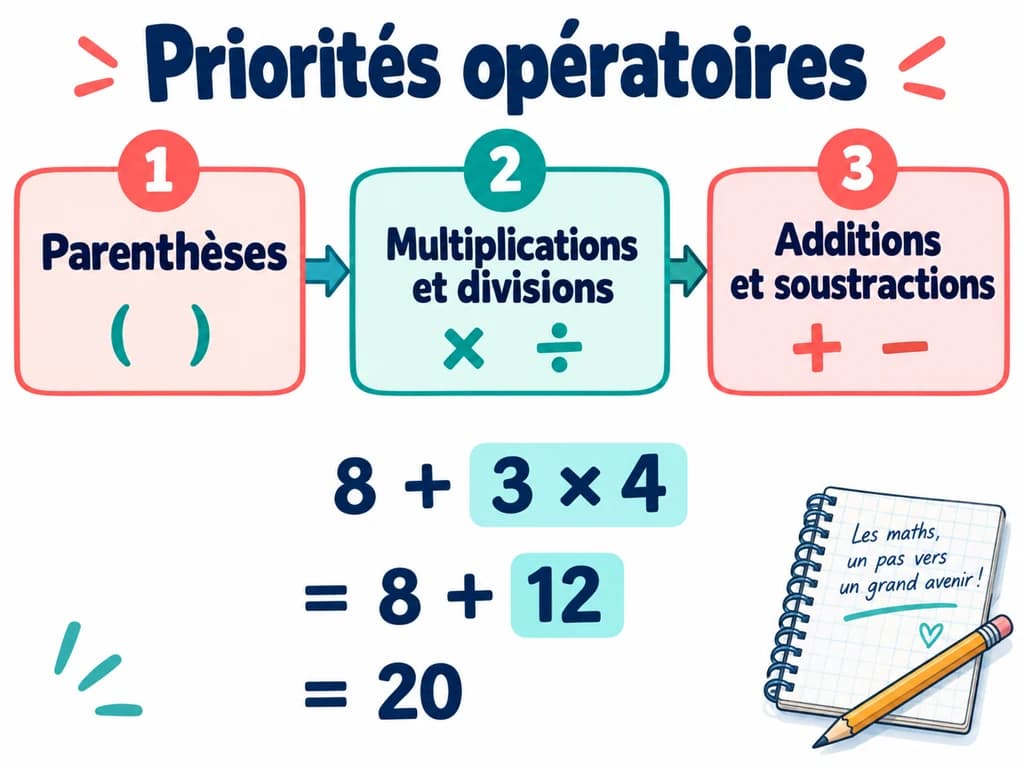 Trois étapes de calcul et l’exemple 8 + 3 × 4 = 20 en mathématiques 1AC.
