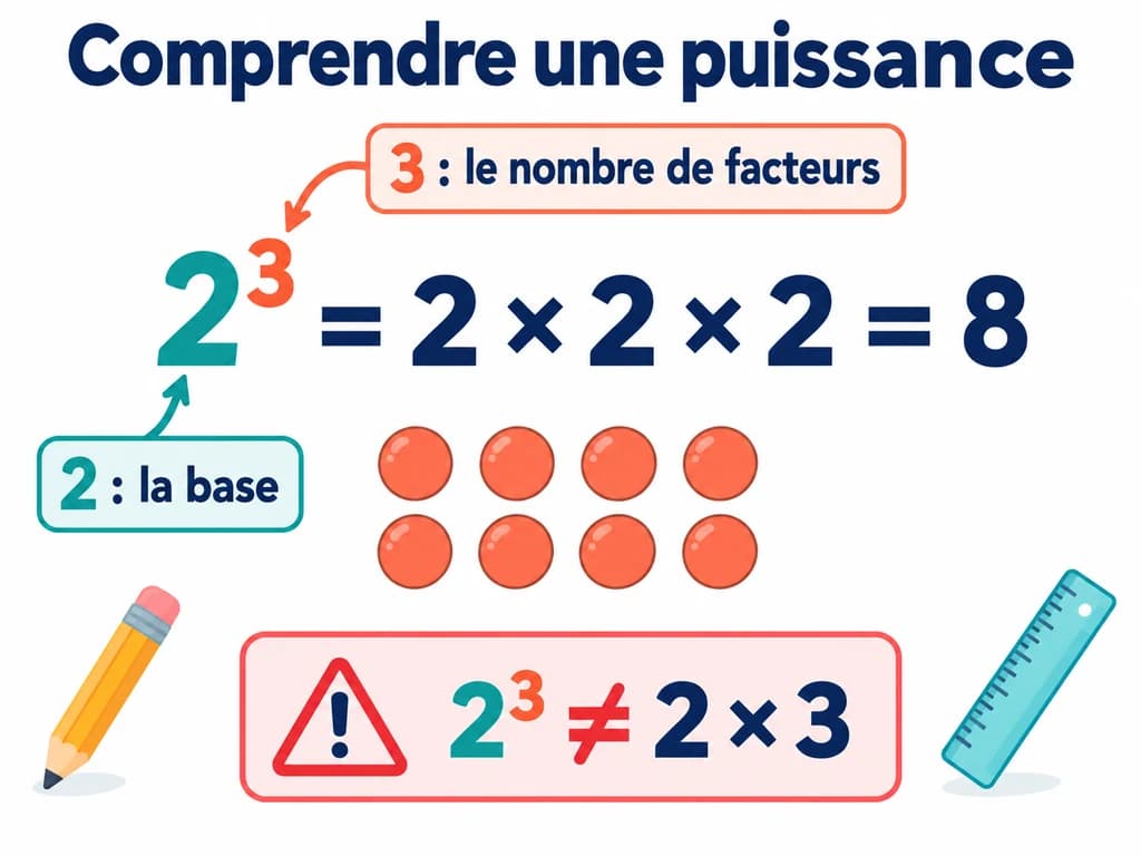 L’écriture 2 puissance 3 se développe en 2 × 2 × 2 et donne 8.