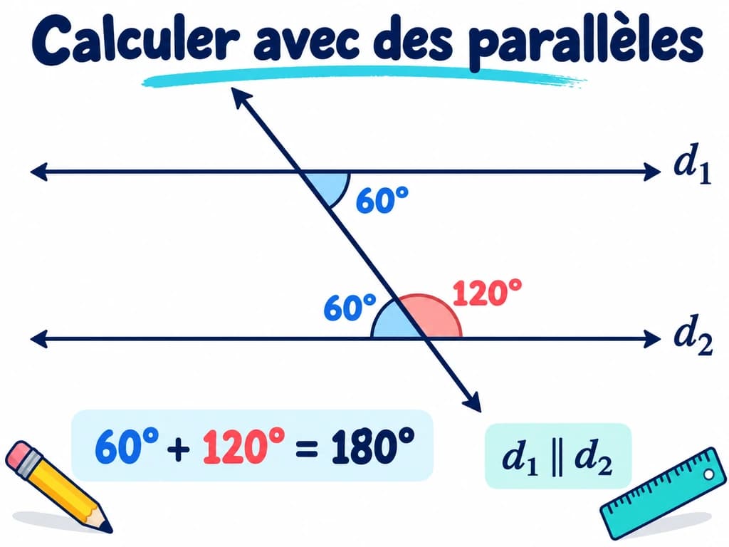 Deux droites parallèles et une sécante montrent deux angles alternes-internes de 60° et un angle adjacent supplémentaire de 120°.