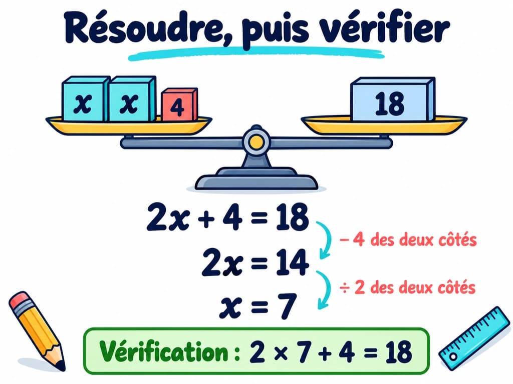 Une balance à l’équilibre illustre 2x + 4 = 18 et une progression donne 2x = 14, x = 7 puis la vérification.