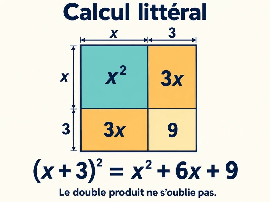 Un carré de côté x plus 3 est partagé en un carré x², deux rectangles 3x et un carré de surface 9 pour expliquer le calcul littéral en 2AC.