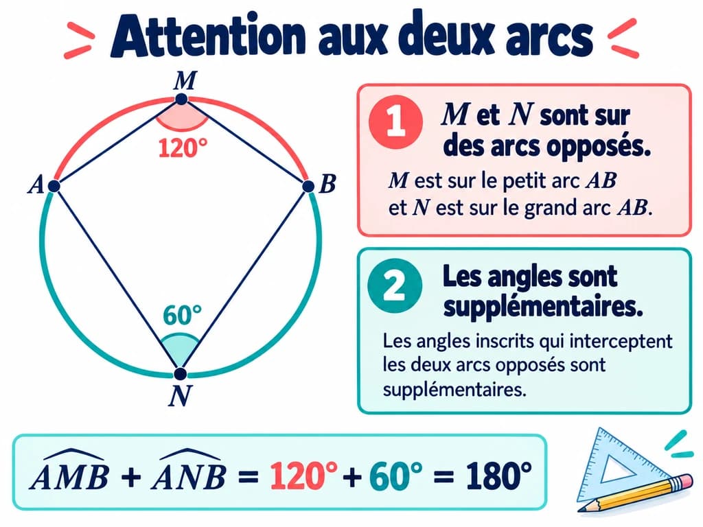 Cercle avec M et N placés sur des arcs opposés d’extrémités A et B ; les angles AMB et ANB mesurent 120° et 60°. Schéma de mathématiques 3AC.